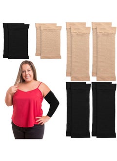4 Pairs Arm Shapers for Women, Compression Sleeves Wraps for Flabby Arms, Slimmers to Lose Fat, Tattoo Cover Up, Includes 2 Calf Sleeves, Black and Beige