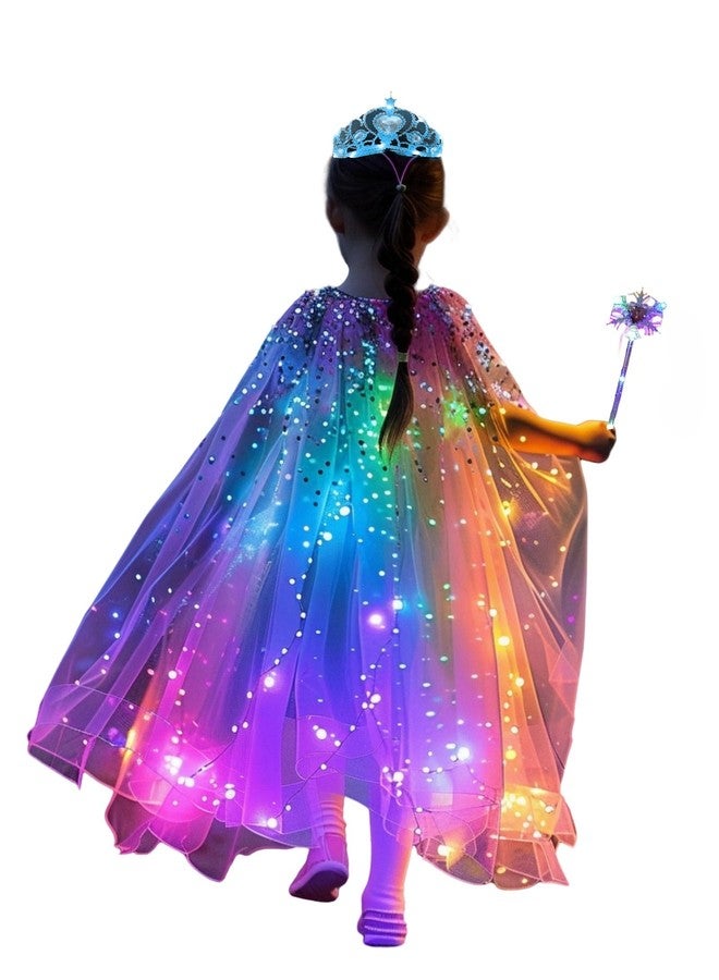 LEDPATY Girls Princess Cape Sets LED Light Up Cloaks Dress Up with Tiara Crown, Wand,Necklace (7-8T, White) - Image 1