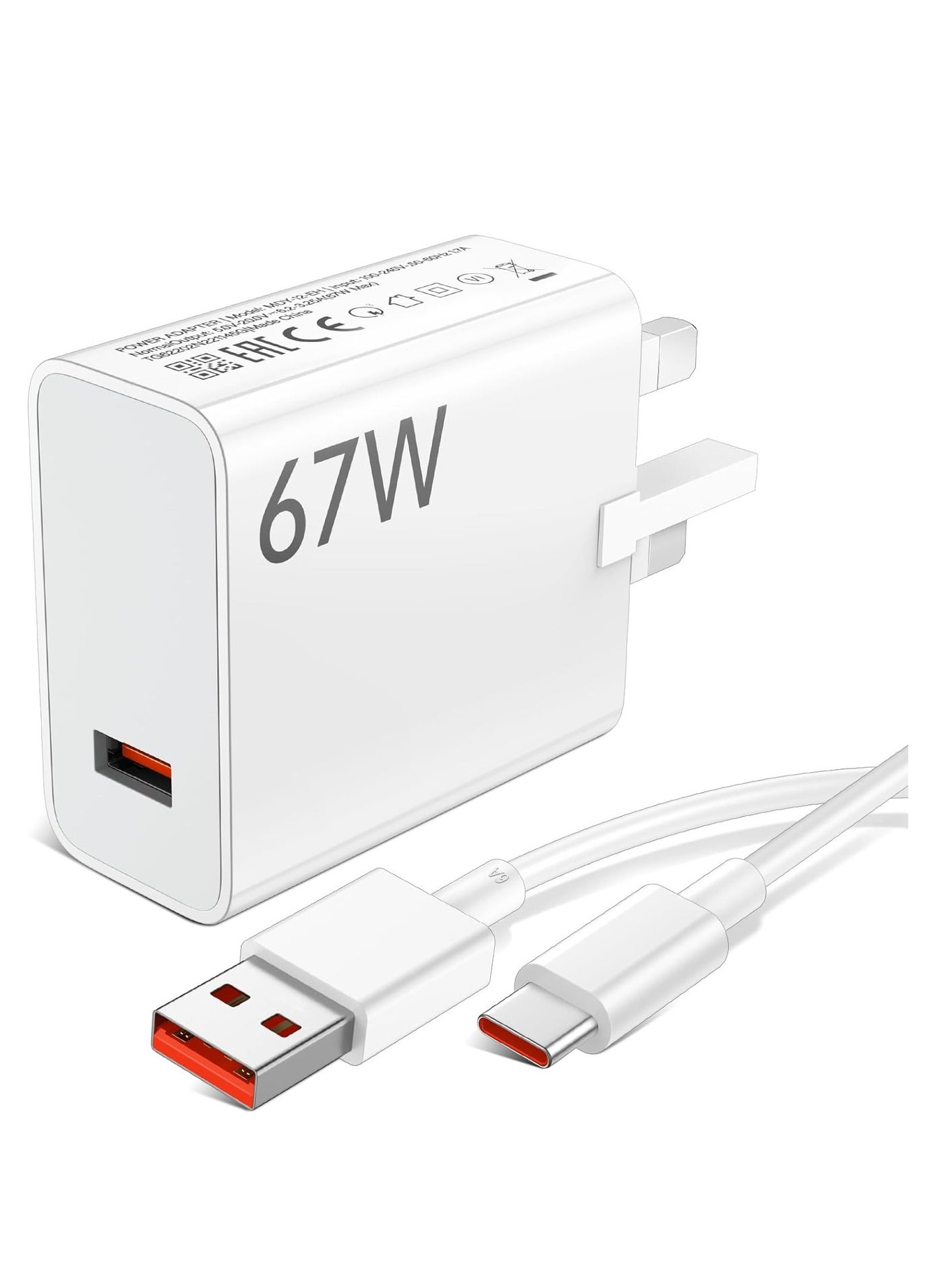 67W Fast Charger Plug Compatible with Xiaomi/Redmi Smart Phones, 5A/1M Turbo Charging Cable, Type A Wall Charger UK, USB C Cable for Xiaomi 15/14/14T/13/13 Lite 13/13 Pro/12T/12 12X Redmi Note 15/14/13/12/11 Pro/10/K90/K80/K70/K60/Xiaomi POCO F6/ F5 Pro