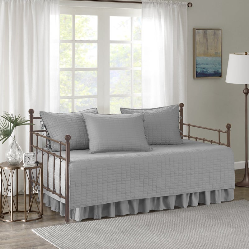 Comfort Spaces Daybed Cover - Luxe Double Sided-Quilting, All Season Cozy Bedding with Bedskirt, Matching Shams, Kienna Grey 75"x39" 5 Piece,100% Microfiber - Image 1