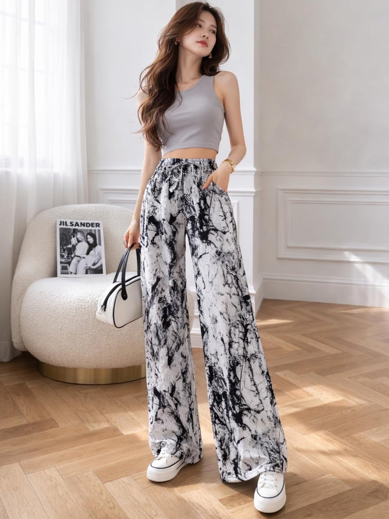 Celary Korean Women Printed Wide Leg Palazzo Pants - High Waist Elastic Casual Trousers - Image 2
