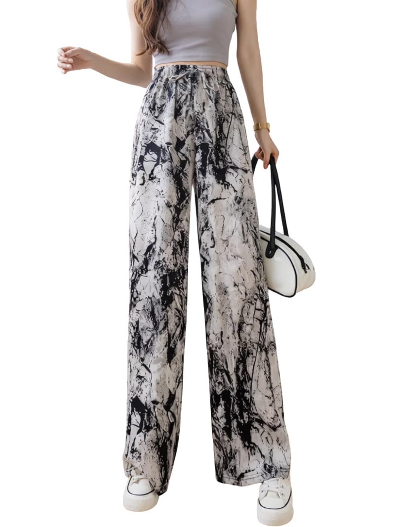 Celary Korean Women Printed Wide Leg Palazzo Pants - High Waist Elastic Casual Trousers - Image 1