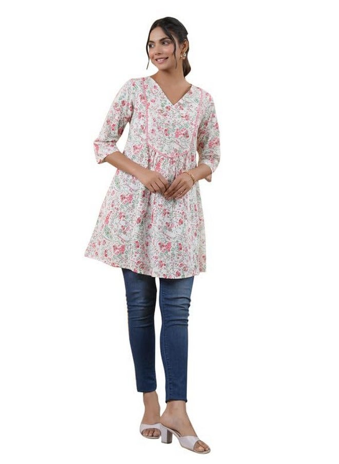 Janasya - Janasya Women's Multicolor Cotton Floral A-Line Tunic(JAA24TU00162-XL) - Image 1
