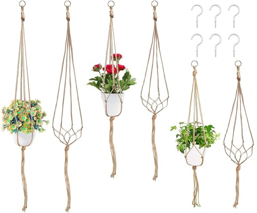 Swpeet 6 Pack 3 Sizes Macrame Hanging Planter Holder Plant Hanger with 6 Pack 29 Inch Ceiling Cup Hooks Kit Hanging Planter Basket Rope Holder for Indoor Outdoor Decorations Beautiful Hanging - Image 1