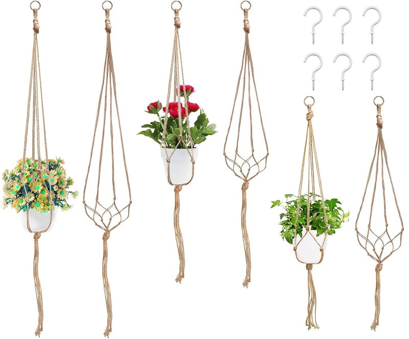 Swpeet 6 Pack 3 Sizes Macrame Hanging Planter Holder Plant Hanger with 6 Pack 29 Inch Ceiling Cup Hooks Kit Hanging Planter Basket Rope Holder for Indoor Outdoor Decorations Beautiful Hanging - Image 2