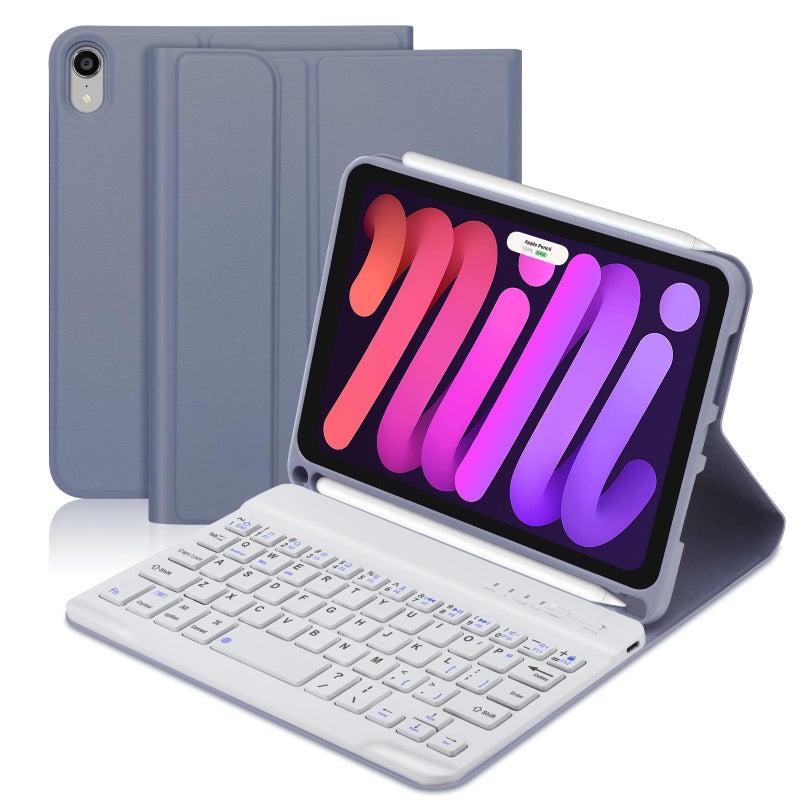 BORIYUAN iPad mini 6 Keyboard Case 2021 Detachable Wireless Bluetooth Keyboard Slim Folio Smart Cover with Buildin Pencil Holder for iPad mini 6th Generation 83 inch Lavender