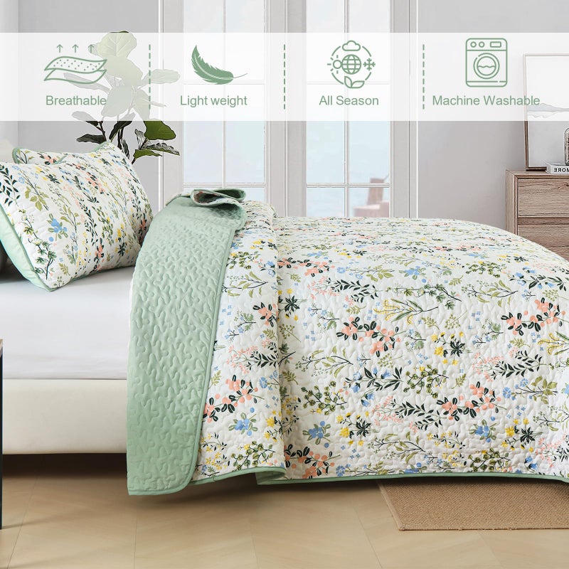 Anibedding Floral Quilt Set Queen Size,3 Pieces Flower Parrten Bedspread Coverlet,Garden Style Soft Lightweight Micorfiber Bedding Set with 2 Pillowcases for All Seaaon.(96"Ã—90",Green) - Image 4