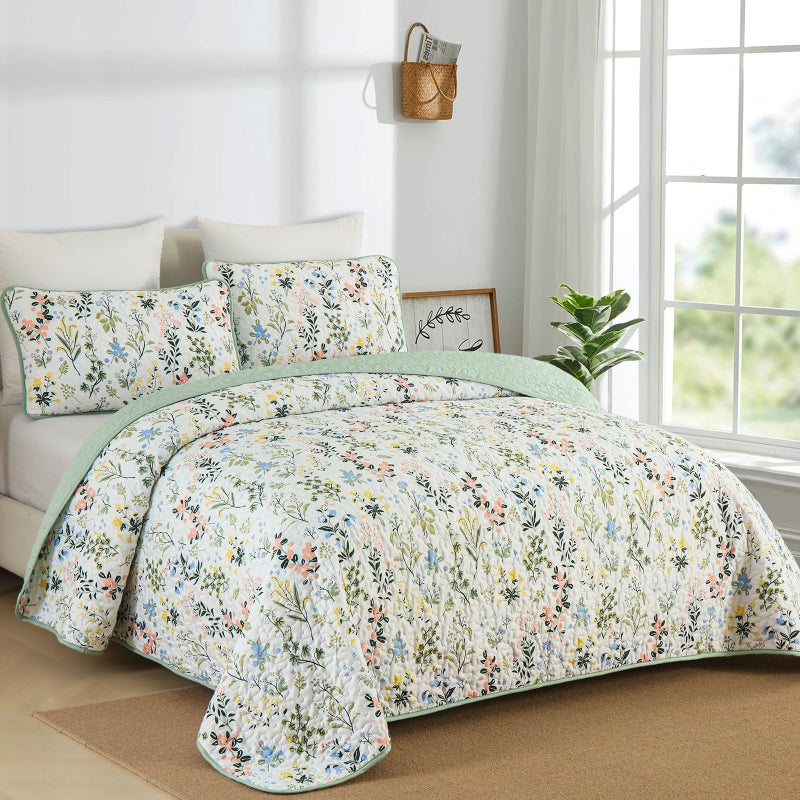 Anibedding Floral Quilt Set Queen Size,3 Pieces Flower Parrten Bedspread Coverlet,Garden Style Soft Lightweight Micorfiber Bedding Set with 2 Pillowcases for All Seaaon.(96"Ã—90",Green) - Image 2