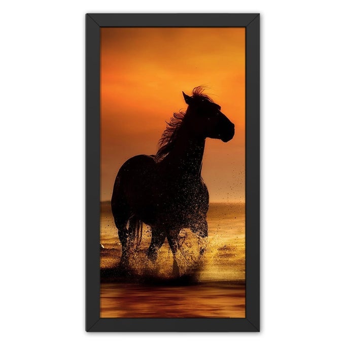 RITWIKAS WALL ART PAINTING OF RUNNING HORSE IN THE WATER IN SUNSET WITH BLACK PHOTO FRAME FOR INTERIOR DESIGN AND DECOR HOME 75 X 135 IN SET OF 1