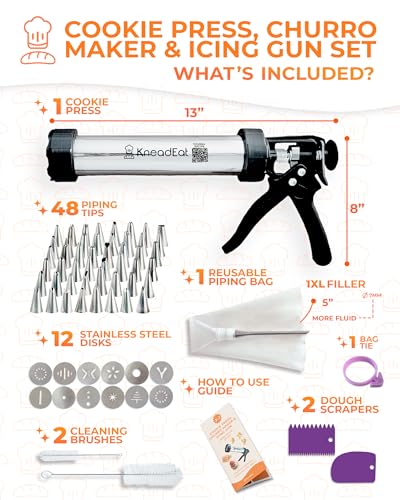 KneadEat Premium 68pc Churro Maker Spritz Cookie Press Gun Kit Icing Gun 12 Cookie and Churro Discs 48 Icing Tips XL Filler Piping Bag Brushes For Churros Cookies and Cake Decorating - Image 3
