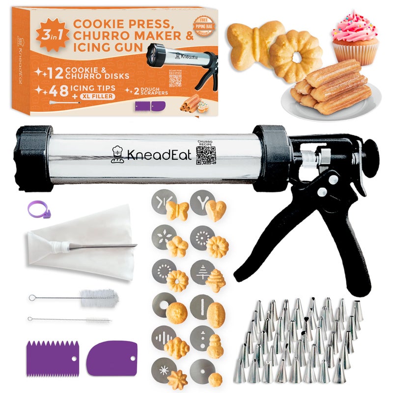 KneadEat Premium 68pc Churro Maker Spritz Cookie Press Gun Kit Icing Gun 12 Cookie and Churro Discs 48 Icing Tips XL Filler Piping Bag Brushes For Churros Cookies and Cake Decorating - Image 2