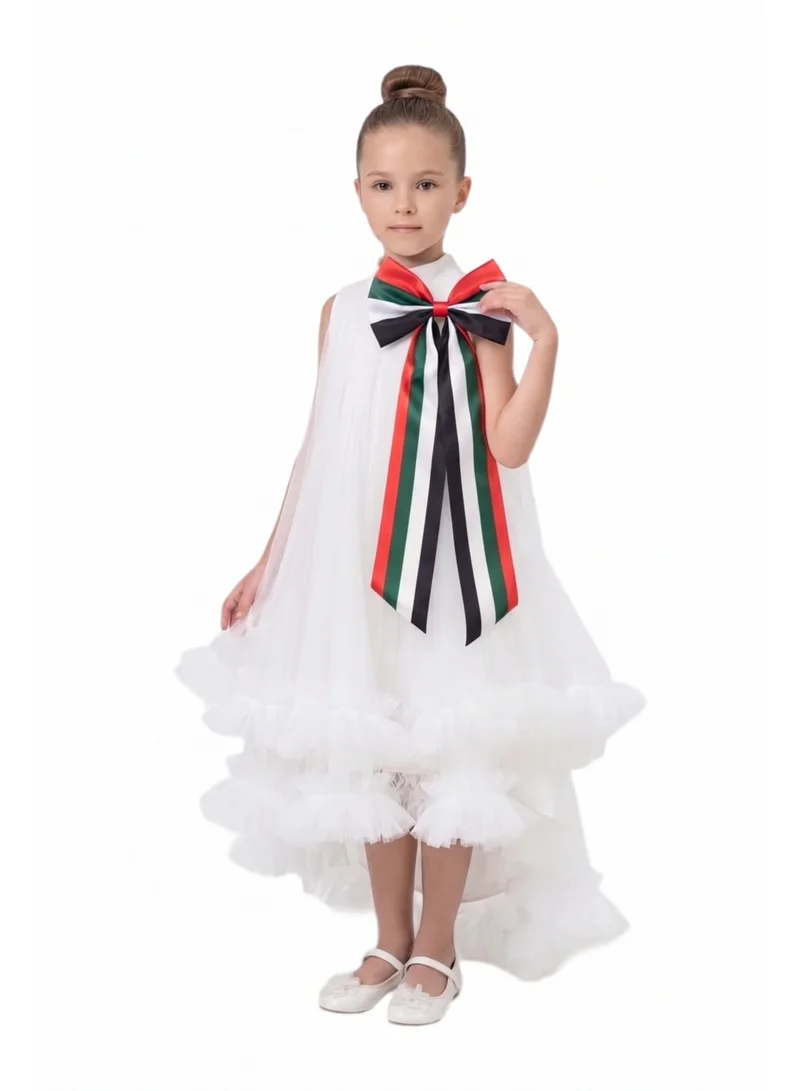 بيداني Girls Convertible White Tulle Dress with Removable UAE National Flag Bow – Eid & Party Wear