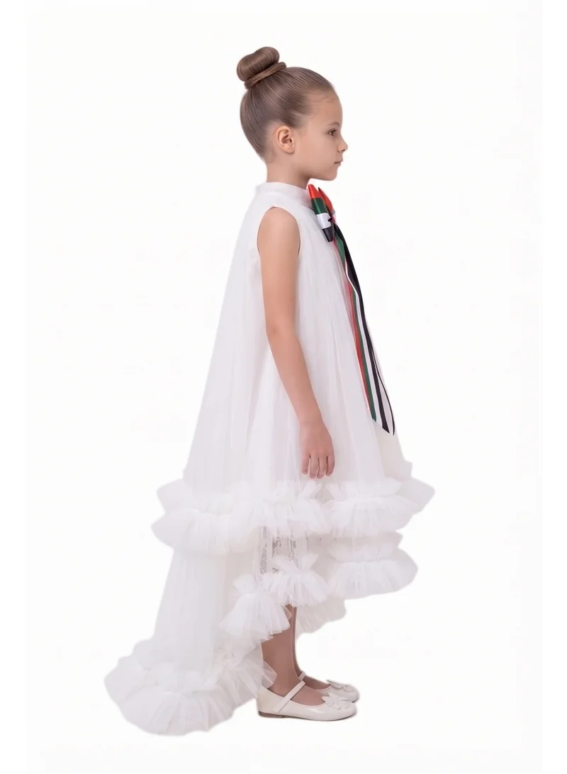 بيداني Girls Convertible White Tulle Dress with Removable UAE National Flag Bow – Eid & Party Wear