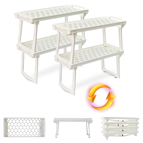 ums Kitchen Cabinet Shelf Organizers White Plastic Stackable Freezer Rack Shelf Riser Usable Storage Rack for Your Spice Refrigerator Pantry 12 X 55 inch Fridge Shelf Riser Pack of 4
