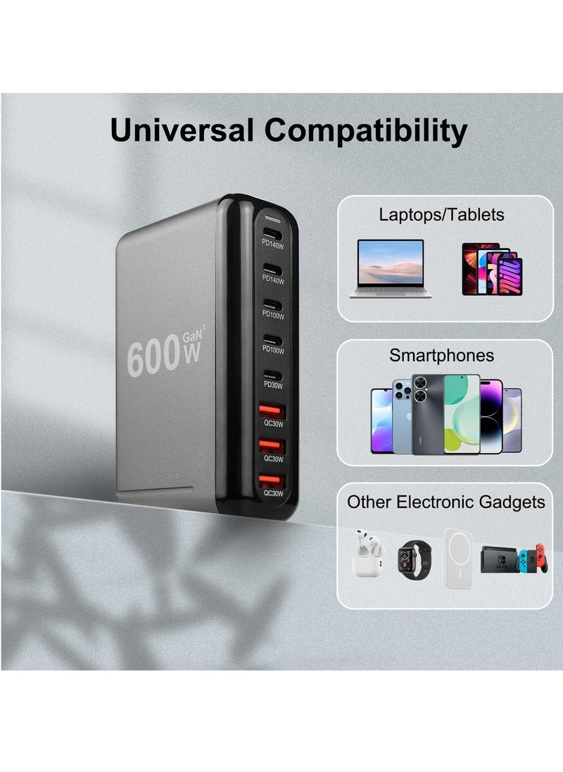 ماركة غير محددة - شاحن سريع 600 واط GaN USB C، وحدة محورية لمحطة الشحن ذات 8 منافذ، شاحن حائط، محول شريط الطاقة، مقبس مكعب لشاحن الكمبيوتر المحمول لأجهزة MacBook Air وSamsung iPhone وiPad - Image 1