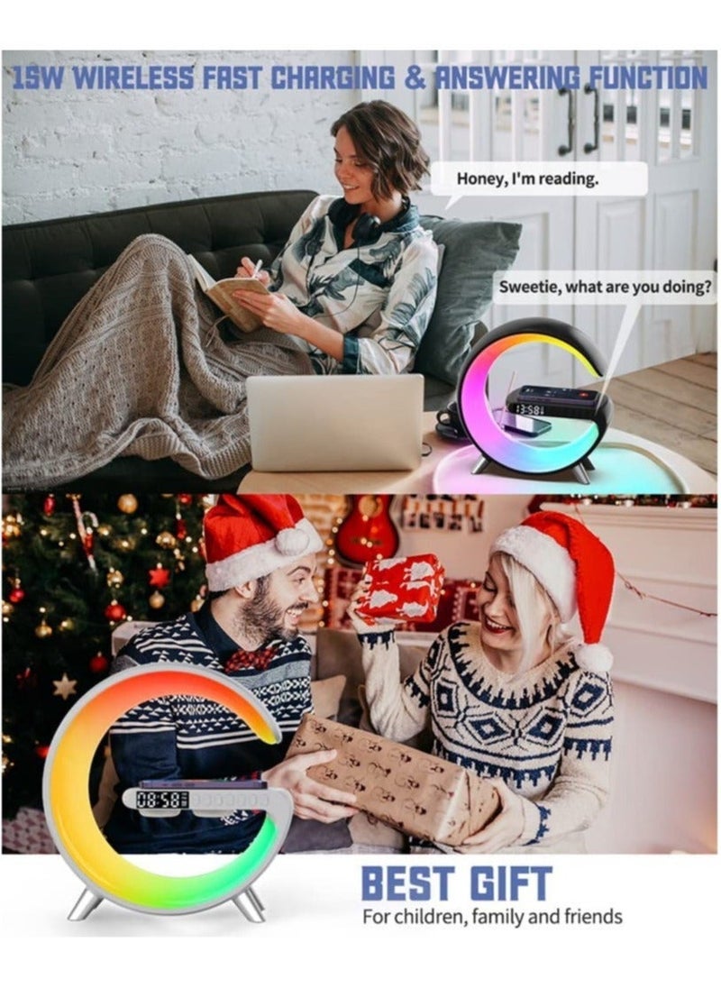 HuHa - Table Lamp Desk Night Light with 15W Quick Wireless Charger and Bluetooth Speaker, Desk Lamp with Alarm Clock and 256 RGB Light Modes Bedroom Lamp As Sleep Aid White Noise Machine - Image 1