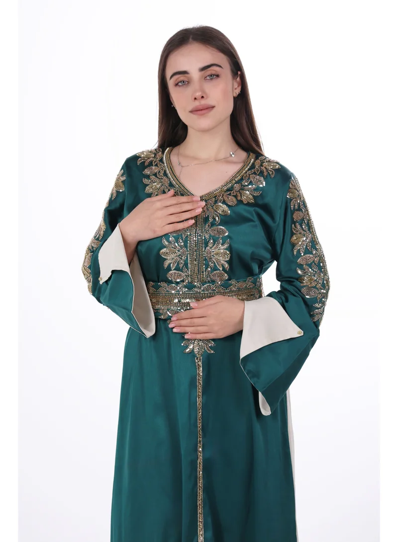 AL BENT AL SHARQIEH Dark Green women belted satin jalabiya dress for Women | Best Price UAE