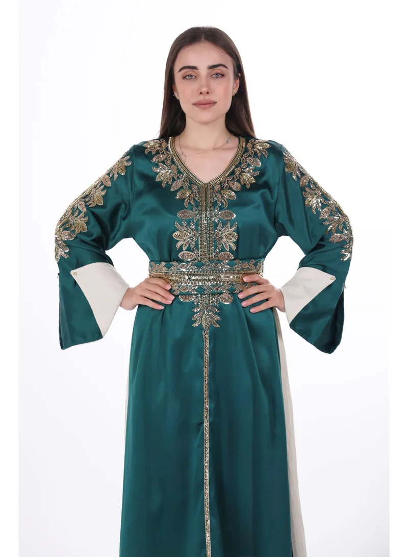 AL BENT AL SHARQIEH Dark Green women belted satin jalabiya dress for Women | Best Price UAE