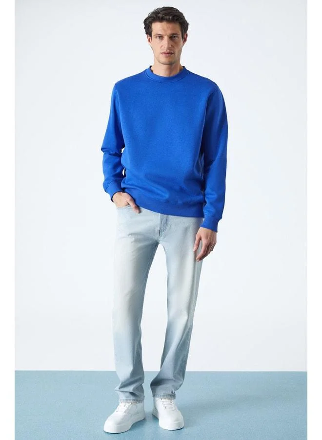GRIMELANGE Travıs Men's Soft Fabric Regular Fit Round Neck Saks Blue Sweatshirt.
