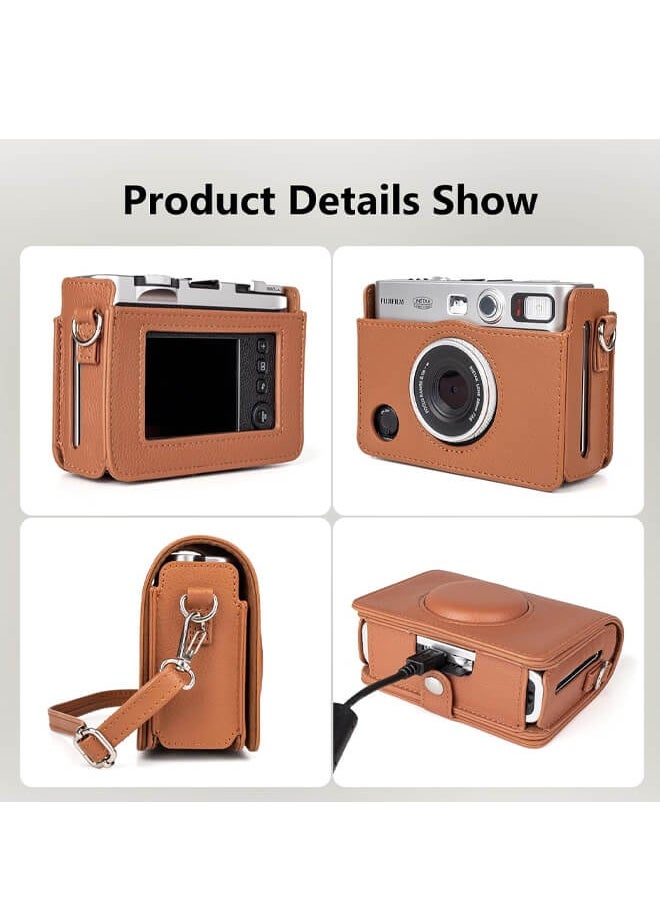 Bliszaar Protective Case for Instax Mini EVO Instant Camera with 96 Pockets Photo Album - Lychee Texture Premium PU Leather Fuji Mini EVO Camera Case with Adjustable Shoulder Strap & Precise Open Hole for Charging - Brown  - Image 4