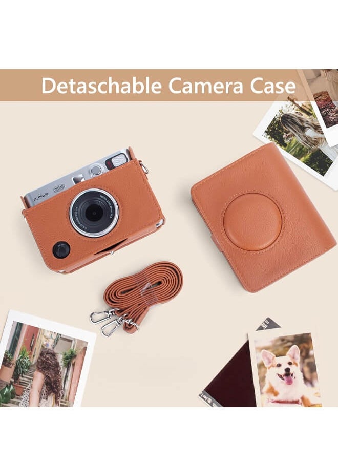 Protective Case for Instax Mini EVO Instant Camera with 96 Pockets Photo Album - Lychee Texture Premium PU Leather Fuji Mini EVO Camera Case with Adjustable Shoulder Strap & Precise Open Hole for Charging - Brown