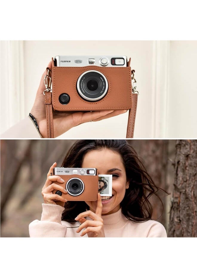 Protective Case for Instax Mini EVO Instant Camera with 96 Pockets Photo Album - Lychee Texture Premium PU Leather Fuji Mini EVO Camera Case with Adjustable Shoulder Strap & Precise Open Hole for Charging - Brown