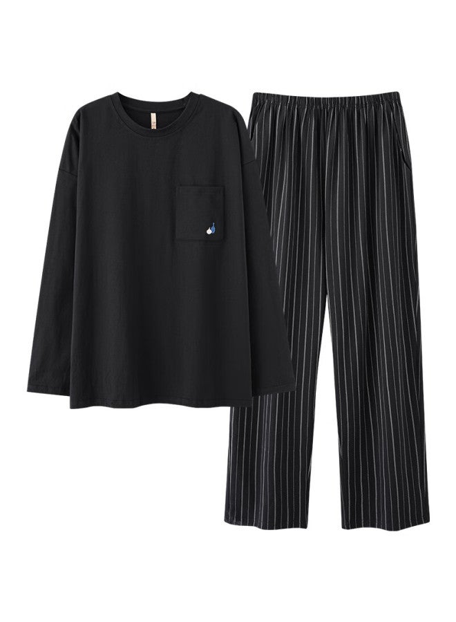Yalu 100% Pure Cotton Men's Pajamas, Spring And Summer Thin Long-sleeve Long Pants, Wearable Outside, Pullover Loungewear Two-piece Set