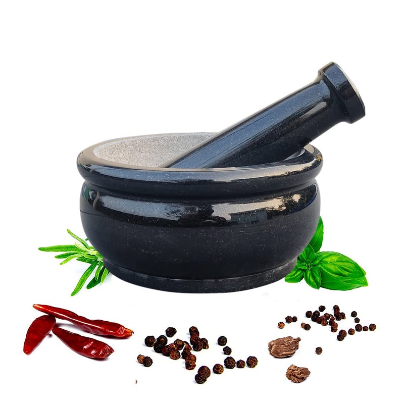 EZAHK EZAHK Mortar and Pestle Set Okhli Masher Khalbatta Kharal Mixer Natural Traditional Grinder Musal Design for Kitchen Home Herbs and Spices Large Size Black 6 inch  - Image 1