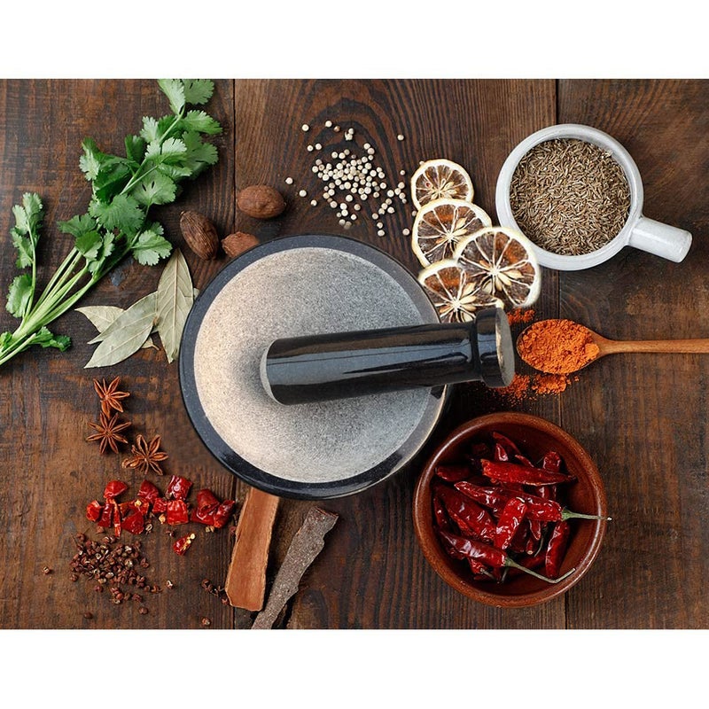 EZAHK EZAHK Mortar and Pestle Set Okhli Masher Khalbatta Kharal Mixer Natural Traditional Grinder Musal Design for Kitchen Home Herbs and Spices Large Size Black 6 inch  - Image 2