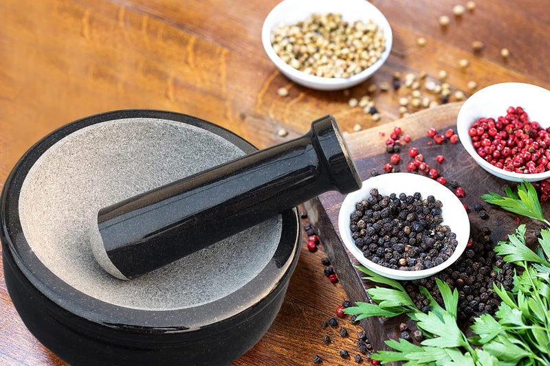 EZAHK EZAHK Mortar and Pestle Set Okhli Masher Khalbatta Kharal Mixer Natural Traditional Grinder Musal Design for Kitchen Home Herbs and Spices Large Size Black 6 inch  - Image 3