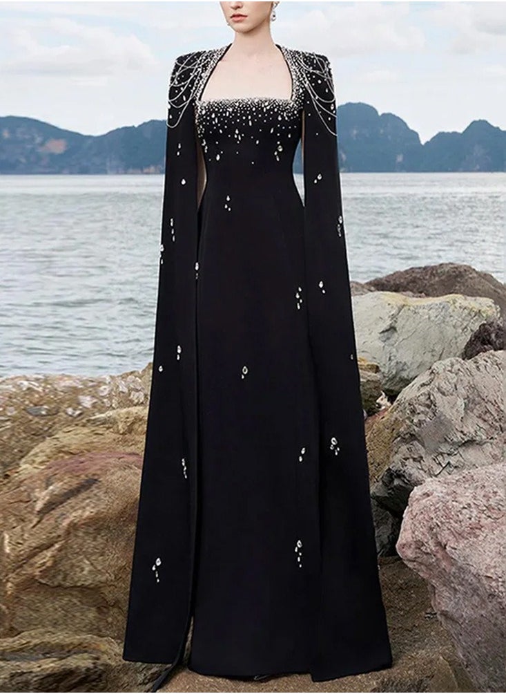 NIBEMINENT Fashion Evening Dress With Heavy Beaded Chains, Long Sleeves And Floor-length  - Image 1