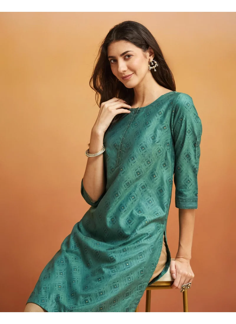 Fabindia Viscose Silk Hand Block Printed Knee Length Kurta