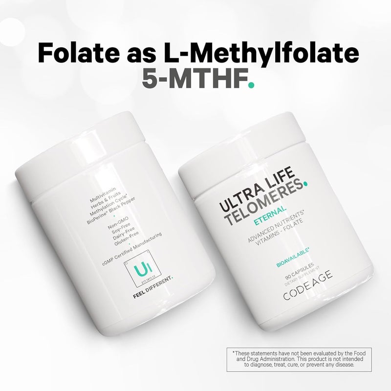 Codeage مكمل كوداج أولترا لايف للتيلوميرات 5 MTHF حمض الفوليك فيتامين B9 فيتامين B12 ميثيلكوبالامين فيتامين D3 إل-ثيانين أشواغاندا 3 أشهر من الإمداد دورة ميثيل الحمض النووي غير معدلة وراثيًا 90 كبسولة - Image 3