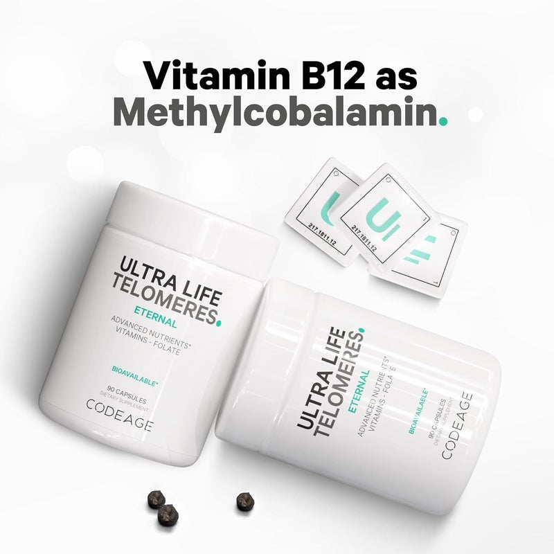 Codeage مكمل كوداج أولترا لايف للتيلوميرات 5 MTHF حمض الفوليك فيتامين B9 فيتامين B12 ميثيلكوبالامين فيتامين D3 إل-ثيانين أشواغاندا 3 أشهر من الإمداد دورة ميثيل الحمض النووي غير معدلة وراثيًا 90 كبسولة - Image 4