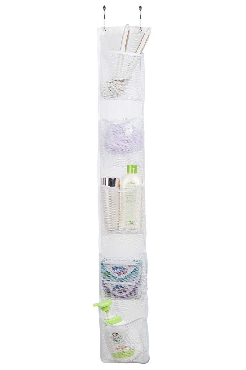 ALYER Hanging Storage Shower Caddy OrganizerMesh Pockets for BathroomClosetPantry White