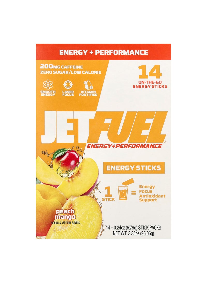 JetFuel®, Energy + Performance, Energy Sticks, Peach Mango, 14 Sick Packs, 0.24 oz (6.79 g) Each