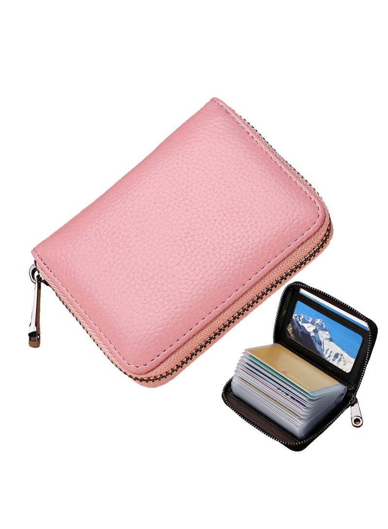 Men Women PU Leather Credit Card Holder Zipper Wallet With 20 Card Slots（Pink）  - Image 1