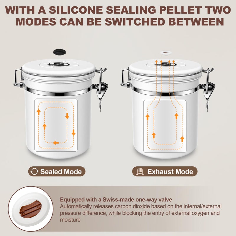 ShanSon Coffee Canister Airtight Coffee Container Stainless Steel Coffee Bean Storage Container with Scoop Coffee Canister for Beans Grounds Sugar Flour Tea Cereal,16OZ, White - Image 2