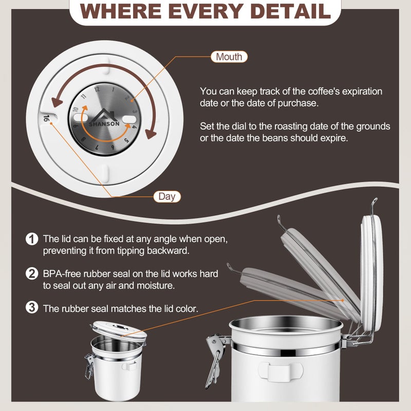 ShanSon Coffee Canister Airtight Coffee Container Stainless Steel Coffee Bean Storage Container with Scoop Coffee Canister for Beans Grounds Sugar Flour Tea Cereal,16OZ, White - Image 5