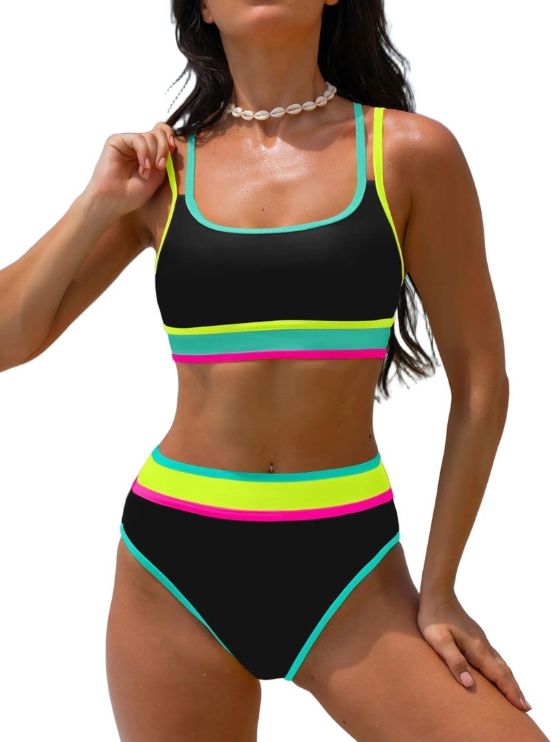 popvil Women's High Waisted Bikini Sets Neon Two Piece 2026 Swimsuit Sporty Adjustable Straps Full Coverage Bathing Suit Ladies Beach Summer Black - Image 1