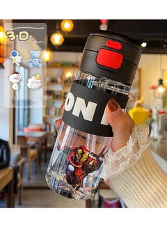 Avengers Iron Man Double Drink Handle Bouncing Cup Tritan Water Bottle 600 ml Water Bottle with Straw Lid and Carry Handle, Reusable, BPA Free, Dishwasher Safe, Perfect for Travel, School, Outdoors, and Gym-600 ml