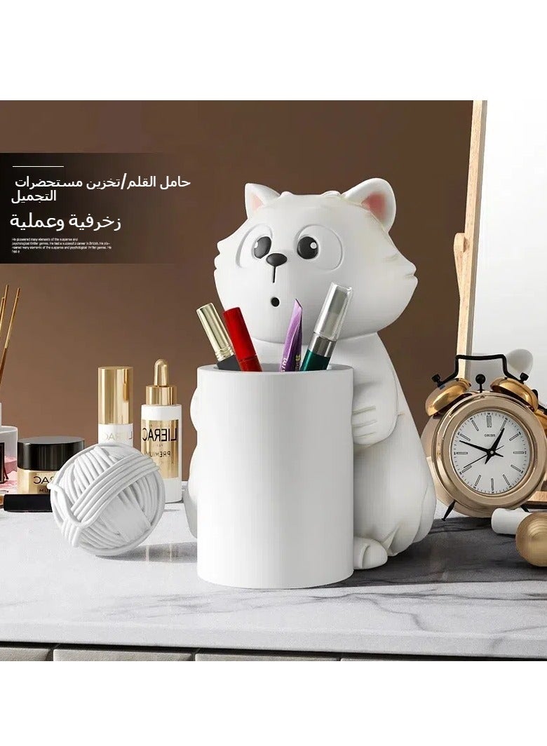 عام القط حامل القلم زخرفة اكسسوارات منزلية لطيف الأطفال الأولاد الفتيات سطح المكتب مكتب التخزين دلو هدية (أبيض)  - Image 2