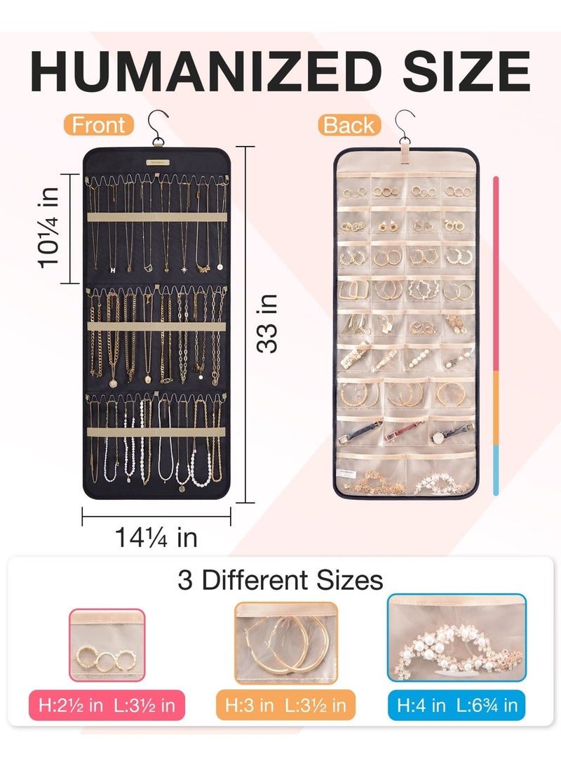 HOMESTAR Jewelry Organizer Hanging Bag, Hanging Jewelry Storage Roll With Hook, Metal Hook Double Sided Jewelry Holder, Over Door Wall Mounted Storage Pouch, Suitable For Earrings Necklaces Closet Rings Hair Accessories Storage, Wall Door, Black, 33x14inch - Image 3