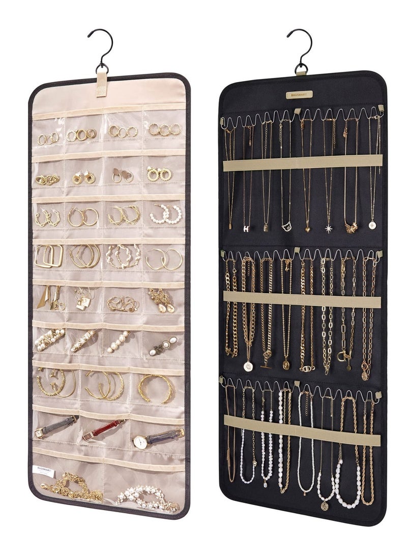 HOMESTAR Jewelry Organizer Hanging Bag, Hanging Jewelry Storage Roll With Hook, Metal Hook Double Sided Jewelry Holder, Over Door Wall Mounted Storage Pouch, Suitable For Earrings Necklaces Closet Rings Hair Accessories Storage, Wall Door, Black, 33x14inch - Image 5