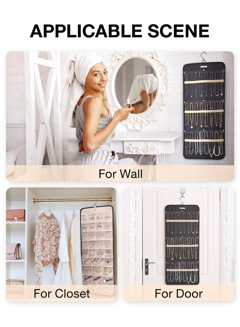 HOMESTAR Jewelry Organizer Hanging Bag, Hanging Jewelry Storage Roll With Hook, Metal Hook Double Sided Jewelry Holder, Over Door Wall Mounted Storage Pouch, Suitable For Earrings Necklaces Closet Rings Hair Accessories Storage, Wall Door, Black, 33x14inch - Image 4