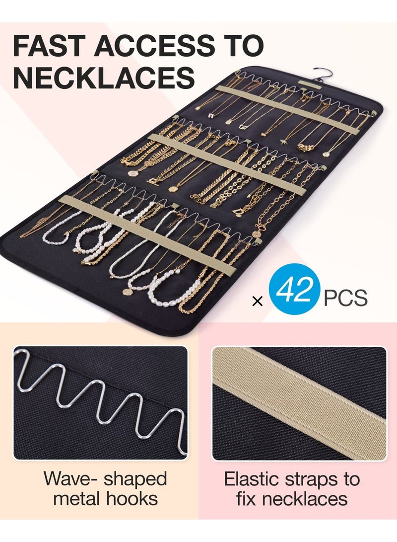 HOMESTAR Jewelry Organizer Hanging Bag, Hanging Jewelry Storage Roll With Hook, Metal Hook Double Sided Jewelry Holder, Over Door Wall Mounted Storage Pouch, Suitable For Earrings Necklaces Closet Rings Hair Accessories Storage, Wall Door, Black, 33x14inch - Image 2
