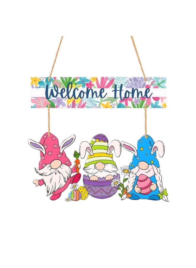 ILovhaprty Easter Gnome Wooden Welcome Sign for Front Door, Spring Welcome Home Hanging Sign with Bunny Gnomes, Rustic Wood Easter Door Decoration for Home, Porch, Farmhouse - Image 1