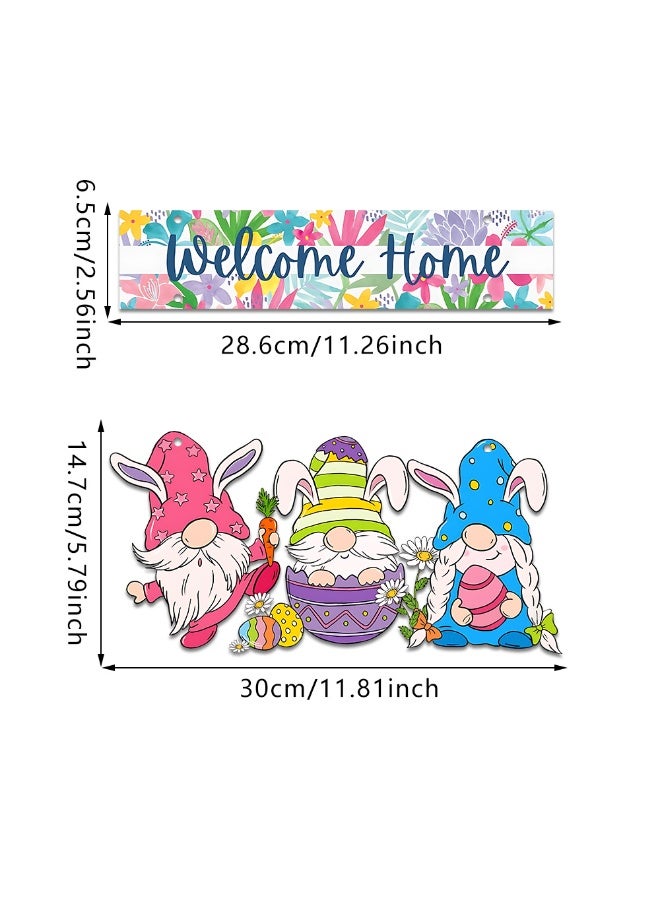 ILovhaprty Easter Gnome Wooden Welcome Sign for Front Door, Spring Welcome Home Hanging Sign with Bunny Gnomes, Rustic Wood Easter Door Decoration for Home, Porch, Farmhouse - Image 2