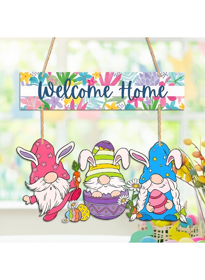 ILovhaprty Easter Gnome Wooden Welcome Sign for Front Door, Spring Welcome Home Hanging Sign with Bunny Gnomes, Rustic Wood Easter Door Decoration for Home, Porch, Farmhouse - Image 3