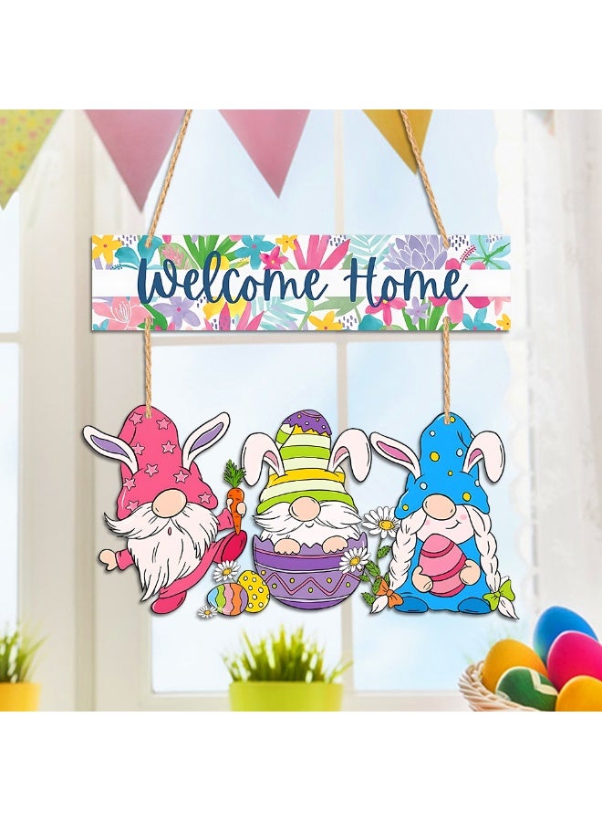 ILovhaprty Easter Gnome Wooden Welcome Sign for Front Door, Spring Welcome Home Hanging Sign with Bunny Gnomes, Rustic Wood Easter Door Decoration for Home, Porch, Farmhouse - Image 4